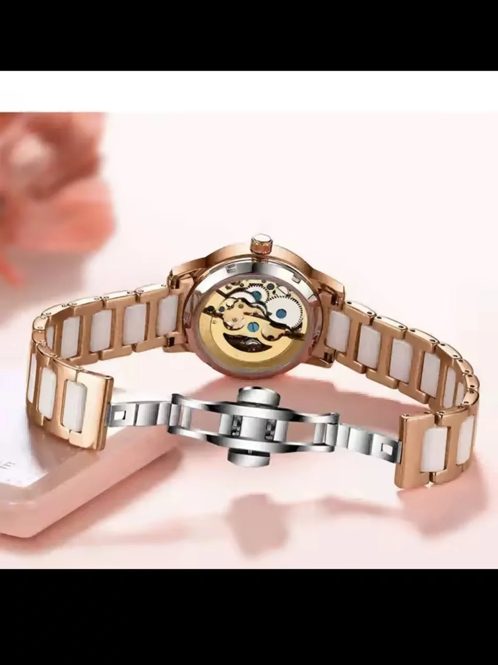 Rose Gold and White Ceramic Crystal Women's Bracelet Watch